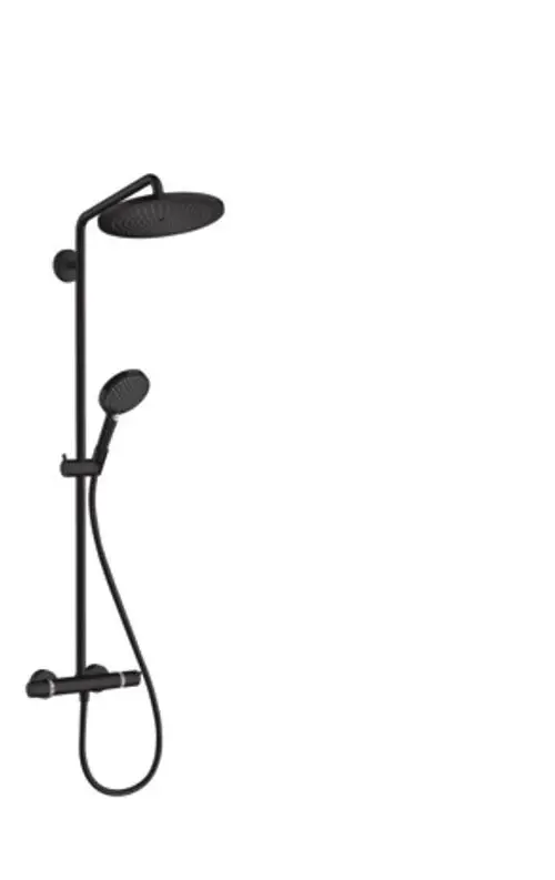 Schwarze Hansgrohe Dusche mit Kopfbrause und Handbrause, integrierter Thermostat und flexibler Schlauch. Simple, funktionale Gestaltung für Badezimmer.